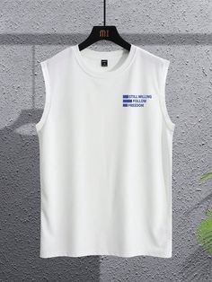 White Casual Collar Sleeveless Fabric Letter  Embellished Slight Stretch  Men Clothing Sleeveless Men, Fabric Letters, Top Tank, White Casual, Men Clothing, Graphic Tank, Online Fashion, Graphic Tank Top, Mens Tank Tops