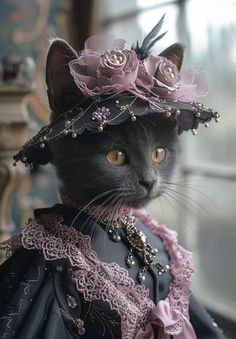 a black cat wearing a pink hat with flowers on it's head and dress