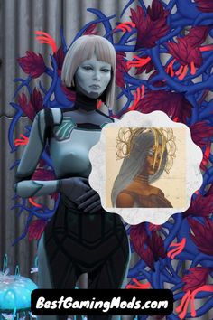 an animated woman standing in front of blue flowers