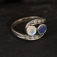 Bypass Ring, Natural Sapphire, Rainbow Moonstone, Two Stone Ring, Vintage Ring, September Birthstone, June Ring, Boho Ring, 925 Silver Ring Celestial Multi-stone Round Rings, Celestial Multi-stone Rings For Gift, Sterling Silver Moon Shaped Birthstone Rings, Sterling Silver Opal Ring With Moon Shape For Anniversary, Silver Multi-stone Moonstone Ring In Sterling Silver, Sterling Silver Moon-shaped Opal Ring For Anniversary, Moon-shaped Sterling Silver Opal Ring For Anniversary, Sterling Silver Moon Shaped Opal Ring For Anniversary, Celestial Moonstone Ring In Sterling Silver For Anniversary