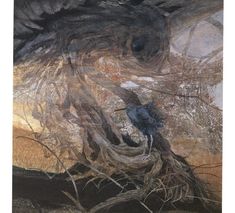 an artistic painting with black and brown colors on the wall, depicting a bird perched on a tree branch