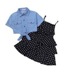 Brand Name: DOCHEERMaterial: COTTONMaterial: PolyesterGender: GirlsAge Range: 4-6yAge Range: 7-12yStyle: CasuaSeason: SummerCollar: Turn-down CollarItem Type: SetsClosure Type: Single BreastedModel Number: NONESleeve Length(cm): SHORTSleeve Style: RegularFit: Fits true to size, take your normal sizeOuterwear Type: ShortsPattern Type: polka dotDepartment Name: Children Short Sleeve Coat, Denim Jacket Fashion, Girl Sleeves, Printed Casual Dresses, Summer Outfits Kids, Cool Baby, Set Outfits, Childrens Dress, Dot Skirt