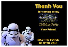 a star wars birthday party thank card with two stormtroopers and the words, thank you for coming to my