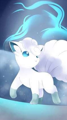 a white pony with blue eyes standing in front of a sky filled with stars and clouds