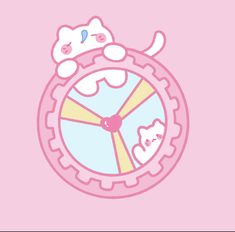 a pink clock with a cat on it's face in the shape of a wheel