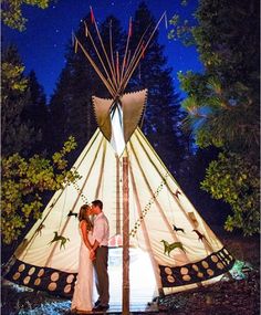 a couple standing in front of a teepee with the words, the coolest wedding rentals available across america