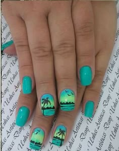 Nail Beach Designs Summer, Nail Ideas For Cancun, Vacation Nails Pedicures, Short Nails For Hawaii Vacation, Tropical Theme Nails, Nail Art Vacation, Hawaii Gel Nails, Fun Cruise Nails, Beach Toe Nails Vacation Tropical