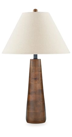 a wooden table lamp with a white shade on the base and a black metal base