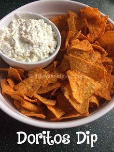 tortilla chips and dip in a white bowl with the words doritos dip