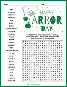 the happy arbor day word search is shown in this green and white printable activity