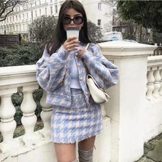 Size M, Fits More As A S 2 Pieces Romantic Baby Blue Beige Cream Match Mini Skirt Jacket Glen Plaid Set It Has Never Been Used The First Picture Does Not Correspond With The Real Product Aesthetic Clothing Stores, Blazer And Skirt Set, Paris Mode, Blazer And Skirt, Paris Outfits, A Line Mini Skirt, Mini Short, Loose Outfit, Rilakkuma