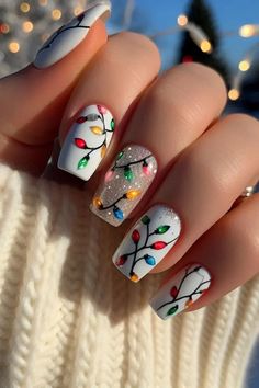 Get ready for the holidays with these stunning white Christmas nails! Our article features cute Christmas nails that are perfect for December nails. Discover simple designs, milky tones, and festive flair. From Christmas gel nails to Christmas nails easy acrylic options, you’ll find inspiration for every style. Celebrate in style with our festival nails ideas! #Tailwind24 White Nails With Christmas Lights, Christmas Tree Light Nails, Nails Inspiration Winter Simple, Christmas Finger Nails, Easy Christmas Gel Nails, Christmas Light Nail Designs, Christmas Lights Nails Design, Christmas Lights Nail Art, Christmas Nails Lights