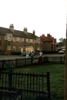 some people are standing in the grass near houses