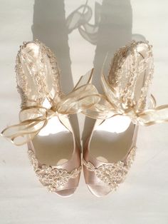 "Champagne lace embellished wedding shoes for bride, custom heel heights available. Elegant receptions or vintage weddings, stay comfortable in these low heel shoes! Custom wedding gift, bridesmaids shoes, personalized engagement gift. Champagne satin bridal shoes are designed with embroidered lace. Champagne beads and shiny sequins are used on the embroidery and organza ribbons tie on the front. They are made of soft smooth satin and delicate lace, each handmade item is unique and can differ in Embellished Wedding Shoes, Wedding Shoes For Bride, Custom Heels, Bridesmaids Shoes, Shoes For Bride, Personalized Engagement Gifts, Bridesmaid Shoes, Custom Wedding Gifts, Low Heel Shoes