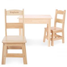 a wooden table and chair with the name stephanie written on it, next to each other