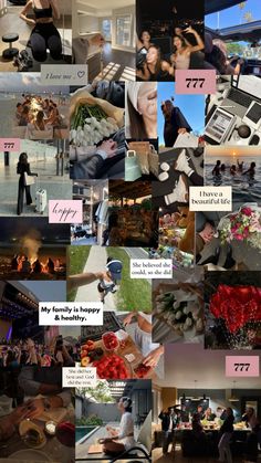 a collage of photos with people and flowers on them, including the words happy 777