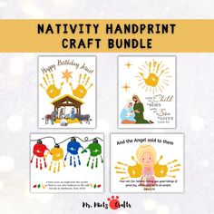 the nativity handprint craft bundle includes three cards, one with an image of jesus and