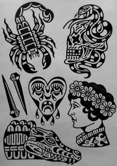 some tattoos that are on the side of a sheet of paper with black and white ink