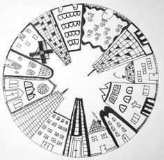 a black and white drawing of buildings in a circle