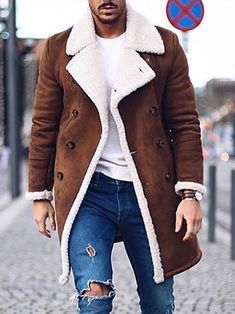 Mid-Length Lapel Shot Floss Warm Fleece Coat for Men Men Outerwear, Overcoat Men, Men Coat, Casual Outwear, Suede Leather Jacket, Coffee Fashion, Mens Winter Coat, Collar Cardigan, Turndown Collar