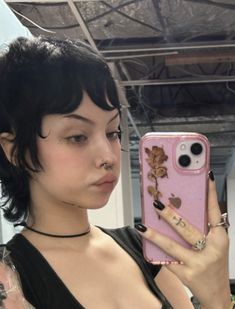 Unique Short Hairstyles, Curly Mullet Shaved Sides, Goth Hair Short, Long Hair Baby Bangs, Pixie Cut With Bangs, Goth Hair, Hair Inspiration Short