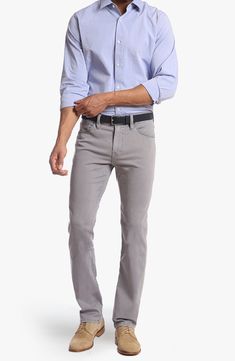 Timeless straight-cut legs and a grey hue enhance the brunch-to-weekday versatility of soft, stretchy and lightweight denim jeans. 16" leg opening; 10 1/2" front rise; 15 1/2" back rise Zip fly with button closure Five-pocket style 75% cotton, 24% polyester, 1% elastane Machine wash, dry flat Imported Denim @ the Men' Shop Gray Stretch Straight Leg Jeans, Classic Gray Straight Leg Jeans, Casual Jeans With 4-way Stretch And Straight Leg, Straight Fit Jeans, Straight Cut, Denim Jeans, Nordstrom, Pants