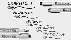 three different types of ink pens are shown in black and white, with the words graphic microno8 above them