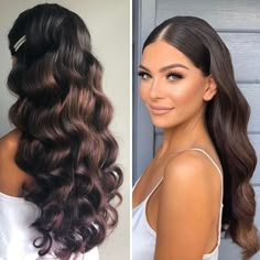 Make Up And Hair Ideas For Party, Hairstyle For Prom Long Hair, Hollywood Curls With Braid, Hollywood Waves Middle Part Slick, Slick Front Hollywood Waves, Prom Hair Middle Part, Hairstyles For One Strap Dress, Vintage Wedding Look, Long Glam Hair