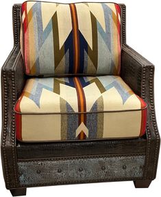 an upholstered chair with multicolored fabric