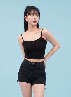 Basic Cropped Cami Top CA07 Trendy Stretch Tank Top, Short Length, Trendy Short Stretch Tank Top, Trendy Short Length Stretch Tank Top, Trendy Stretch Short Length Tank Top, Stretch Short-length Tank Top, Korean Female Fashion, Kpop Style, Seoul South Korea, Streetwear Casual