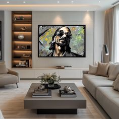 a living room filled with furniture and a large painting on the wall above it's coffee table