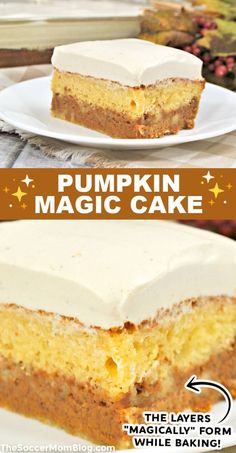 pumpkin magic cake with white frosting on top