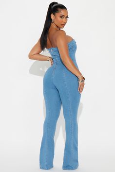 Available In Dark Wash And Medium Wash. Denim Jumpsuit Strapless Straight Back Zipper Flare Leg Stretch Inseam= 34" Self: 56% Cotton 22% Polyester 20% Rayon 2% Spandex Imported | Don't Mention This Denim Jumpsuit in Medium Wash size XS by Fashion Nova Casual High Rise Strapless Denim Jumpsuit, Denim Sleeveless Strapless Jumpsuit, Casual Medium Wash Strapless Jumpsuit, Casual Medium Wash Fitted Strapless Jumpsuit, Medium Wash Fitted Strapless Jumpsuit Casual, Casual Fitted Medium Wash Strapless Jumpsuit, Casual High-rise Fitted Strapless Jumpsuit, Denim Strapless Jumpsuit With High Waist, Casual Fitted Strapless Jumpsuit Medium Wash