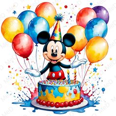 a mickey mouse birthday cake with balloons and streamers