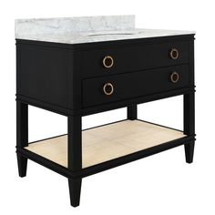 a black vanity with white marble top and two drawers on the bottom, against a white background