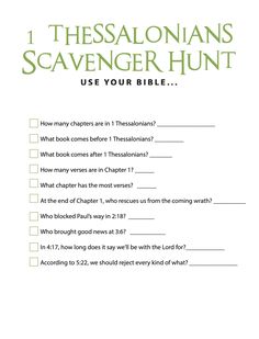 FREE 1 Thessalonians Bible Scavenger Hunt - Children's Ministry Deals Bible Scavenger Hunt, Bible Games For Kids, Youth Bible Lessons, Homeschool Adventures, Bible Study Activities, Kids Worship, Verses For Kids, Childrens Ministry Curriculum, Sunday School Curriculum