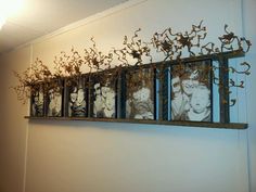 an iron and wood shelf with four pictures on the wall above it, along with some plants growing out of them