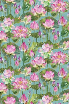 pink water lilies and green leaves on a blue background, with the same pattern