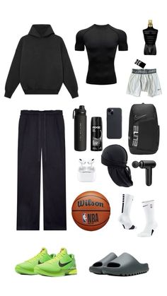 an assortment of sports gear including shoes, socks and backpacks is shown in this image