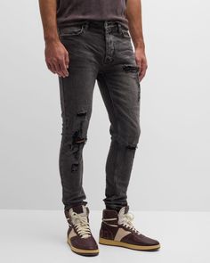 Ksubi "Van Winkle Angst" jeans made from heavy duty stonewashed denim with vintage highlights and distressing    Regular rise    Fivepocket style    Full length    Skinny fit    Cotton/elastane    Machine wash cold, wash inside out    Imported Rugged Dark Wash Jeans For Streetwear, Urban Distressed Denim Jeans, Urban Washed Black Jeans, Urban Washed Black Jeans With Frayed Hem, Urban Style Distressed Faded Jeans, Urban Distressed Faded Jeans, Urban Faded Distressed Jeans, Urban Style Ripped Faded Jeans, Urban Style Faded Ripped Jeans