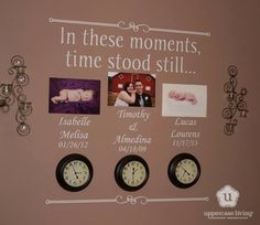 a wall with pictures and clocks on it that says in these moments time stood still