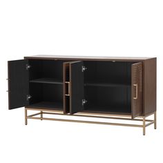 the sideboard has two open doors and is black with gold handles on each side