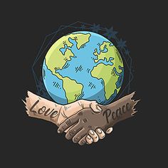 two hands shaking each other with the earth in the background and love peace written on it