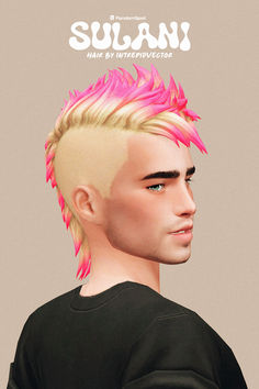 a young man with pink hair and spiked mohawks on his head is looking to the side