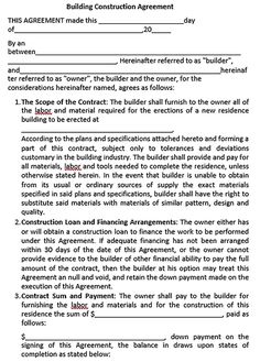 a building construction agreement is shown in this image, it shows the form of an agreement for