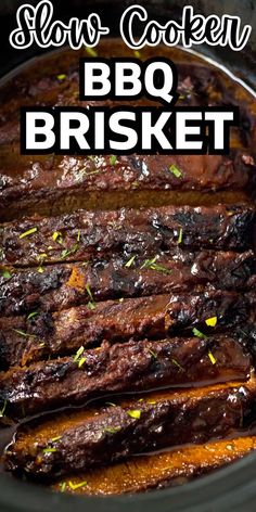 slow cooker bbq brisket recipe in a crock pot with text overlay