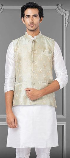 Green color Nehru Jacket in Jacquard fabric with Weaving work Light Peach Color, Celebrity Gowns, Waist Coat, Nehru Jacket, Beige Jacket, Nehru Jackets, Latest Sarees, Readymade Blouse, Wedding Fabric