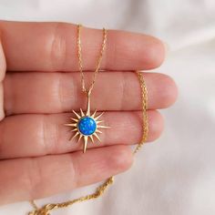 14K Solid Gold Blue Opal Sun Necklace, Dainty Minimalist, Necklace For Women, October Birthstone, Birthday Gift For Her, Dainty Fine Jewelry P E R S O N A L I Z E D ∙ J E W E L R Y ❤ Handmade with love ❤ 🧿 Welcome to GDjeweltr. All our jewelery is made by handmade in our workshop as custom. The most unique gift you can find for you and your loved ones ♥ Please take a look my store to see our handmade necklaces, rings, earrings and bracelets collection. ⭐ Item Details: * Material: 14K Solid Gold Dainty Fine Jewelry, Blue Opal Necklace, Sun Necklace, Solid Gold Chains, October Birthstone, Birthday Gift For Her, Necklace Dainty, Bracelet Collection, Opal Necklace