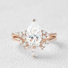 2.0ct Pear Shaped Moissanite Rose Gold Ring Set 2pcs - Felicegals 丨Wedding ring 丨Fashion ring 丨Diamond ring 丨Gemstone ring Pearl Stacking Ring, Rose Gold Ring Set, Detailed Engagement Ring, Solid Gold Band, Vintage Diamond Rings, Bridal Ring Sets, Gold Ring Sets, Diamond Engagement Ring Set, White Gold Band