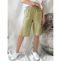 Season:Summer; Fabric:Linen Cotton Blend; Gender:Women's; Style:Casual Daily; Elasticity:Inelastic; Occasion:Going out,Weekend; Fit Type:Regular Fit; Function:Breathability,Comfortable; Pattern:Striped; Design:Elastic Waistband,Pocket; Pants Type:Shorts; Front page:FF; Listing Date:04/10/2024; Production mode:External procurement; Length:; Waist:; Fit US Size:; Fit UK Size:; Fit EU Size:; Pants Length:Knee Length; Print Type:3D Print Casual Khaki Shorts For Summer, Non-stretch Casual Beach Shorts, Casual Non-stretch Beach Shorts, Casual Non-stretch Vacation Shorts, Casual Non-stretch Shorts For Vacation, Trendy Khaki Shorts For Summer, Green Solid Color Shorts For Summer, Casual Green Wide Leg Shorts, Summer Stretch Khaki Bottoms